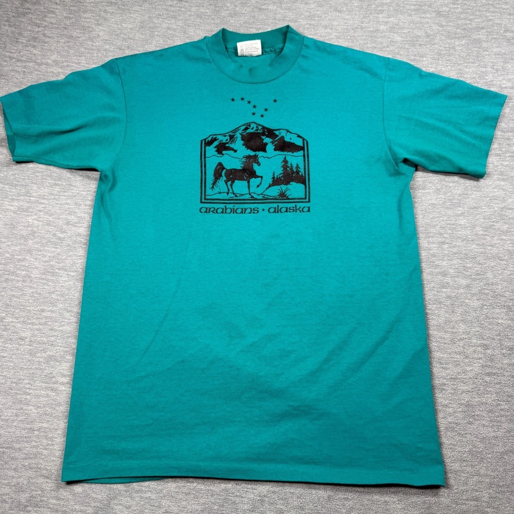 Hanes T-Shirt Mens L Green Arabians Alaska‎ Horse Mountain Vintage Single Stitch
